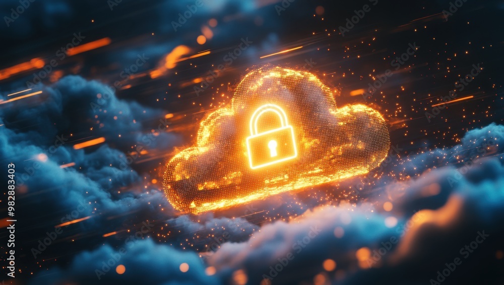 Poster a glowing cloud with a digital padlock icon floating in the air, surrounded by ethereal light trails