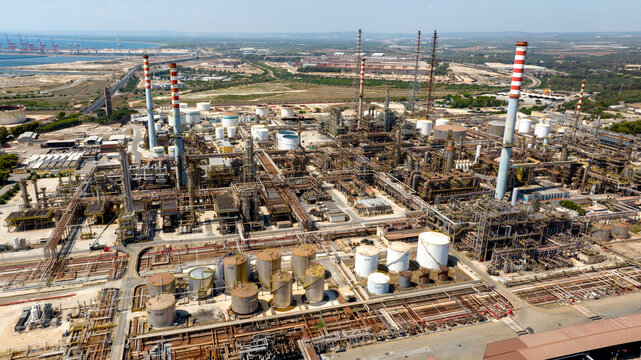 Aerial view of Taranto Steelworks, Italy. The ILVA plant in Taranto is an industrial complex located in the Tamburi district.