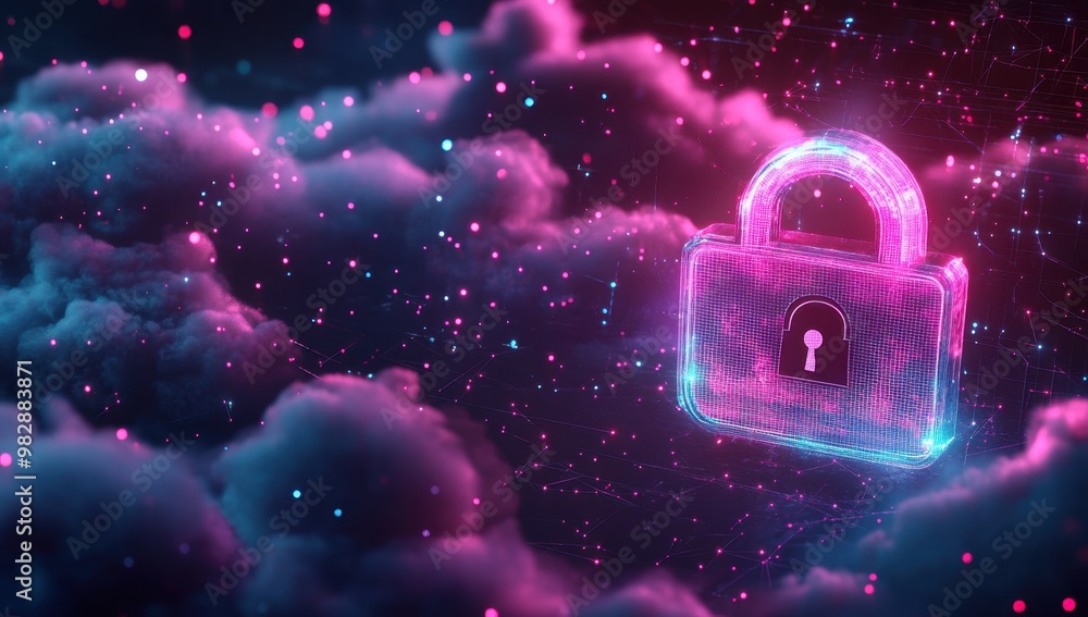 Aufkleber a digital illustration of cloud security with a glowing padlock icon and data streams in the shape o