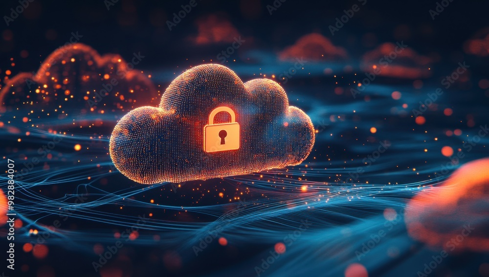 Poster a digital illustration of an abstract cloud with glowing lines and a padlock icon, representing data