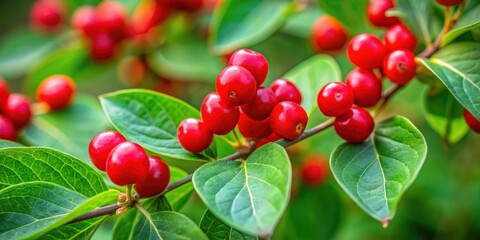 Closeup of unripe goat leaf honeysuckle fruits (lonicera caprifolium) with vibrant red berries, nature photography, macro shot, botanical background