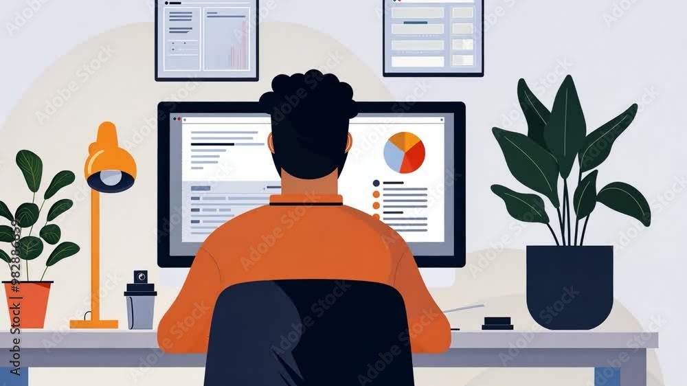Poster a person is focused on a computer in a well-organized workspace, surrounded by plants and charts, en