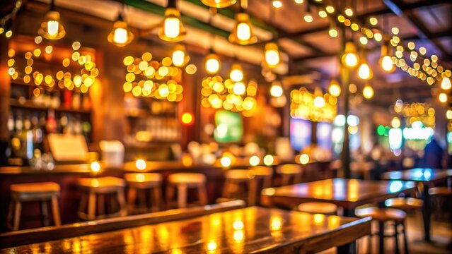 Blurred background of a lively pub with bokeh lights, creating a vibrant ambiance perfect for a night out