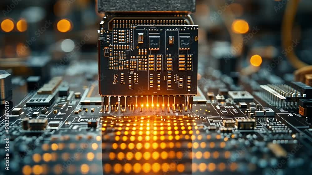 Poster close-up of a computer circuit board with glowing connections during assembly in a tech facility