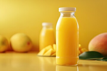 Fresh mango juice served in bottle isolated on background side view of healthy morning juice drink