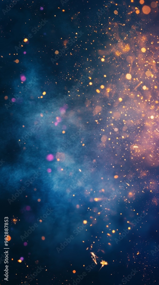Leinwandbilder golden particles floating against a deep blue background with festive light bokeh. ideal backdrop fo