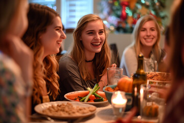 Friendsgiving day with good festive food. Enjoying celebrating Holiday together. People sitting at dinning around home kitchen table. Thanksgiving celebration.