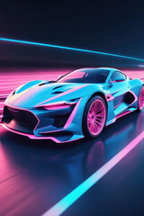 Obraz premium Luxury sports car in neon sky blue and pink lights, powerful acceleration of a supercar.