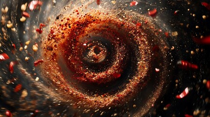 Abstract swirl of red particles, evoking motion, energy, and dynamism.