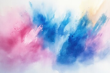 Obraz premium Abstract watercolor background with vibrant splashes of pink, blue, and yellow colors, perfect for artistic and creative projects.