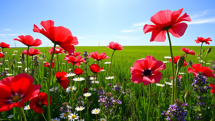 Obraz premium Vibrant Red Poppies and Wildflowers Under a Clear Blue Sky in a Lush Green Field