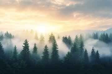Fototapeta premium A serene forest landscape at sunrise, featuring mist among tall trees and soft light breaking through the clouds.