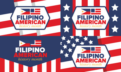 Obraz premium Filipino American History Month. Happy holiday celebrate annual in October. Filipinos and United States flag. Culture month. Patriotic design. Poster, card, banner, template. Vector illustration