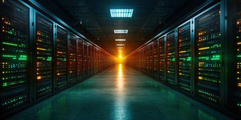 Fototapeta premium A futuristic internet server farm, with rows of servers glowing with green and blue lights, representing the backbone of the internet