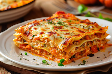 Pumpkin lasagna. Piece of tasty hot lasagna. Traditional italian lasagna. Portion. Italian food. Food on black plate. Bolognese sauce. Bechamel sauce. 
