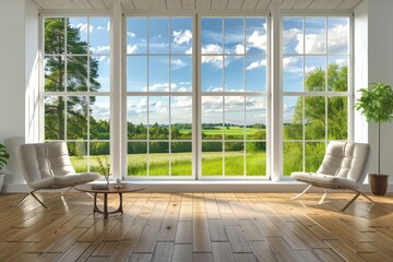 Fototapeta premium Bright and airy living room with large windows. Enjoy the beautiful view of nature outside. This cozy space invites relaxation and comfort. Generative AI