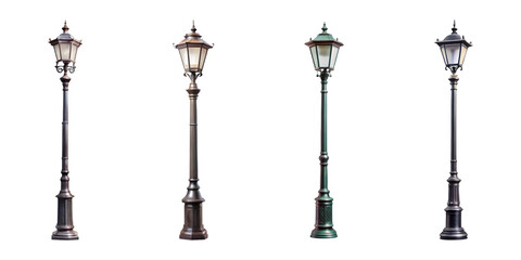 Set of Black street lamp post isolated on transparent background, cut out