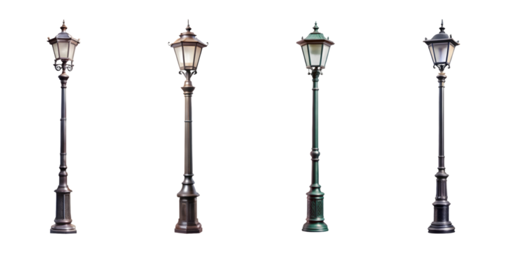 Set of Black street lamp post isolated on transparent background, cut out