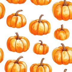 Watercolor orange pumpkins seamless pattern on white background