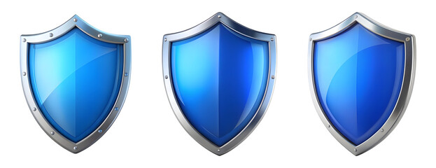 Set of blue shield with silver trim isolated on transparent background, PNG, cut out