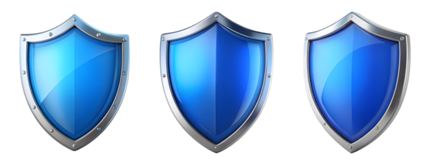 Set of blue shield with silver trim isolated on transparent background, PNG, cut out