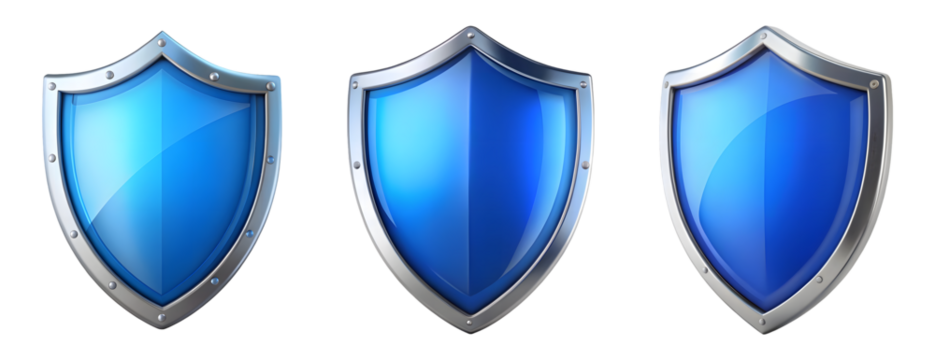 Set of blue shield with silver trim isolated on transparent background, PNG, cut out - Powered by Adobe