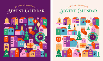 Merry Christmas, Advent Calendar. Concept design with Christmas village, decorations, gifts and homes. Vector illustration