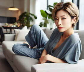 Obraz premium シンプルな部屋でくつろぐミニマルな美女