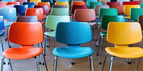 Naklejka premium Colorful Chairs in a Modern Classroom Setting