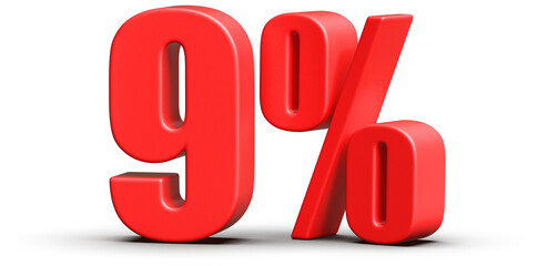 9 Percent Off Sale . Red Number Discount 3D Render