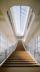 A long, winding staircase with a metal railing leads to a skylight in a building. The staircase is surrounded by white walls, with sunlight streaming through windows to illuminate the steps