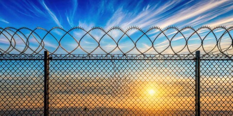 A wire mesh lattice fence with barbed wire on top to prevent climbing
