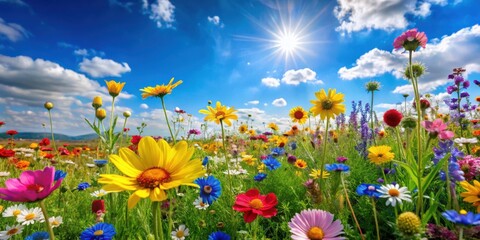 Vibrant wildflowers in a sunny meadow against a blue sky