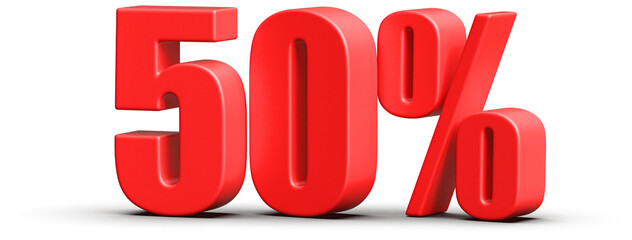 50 Percent Off Sale . Red Number Discount 3D Render