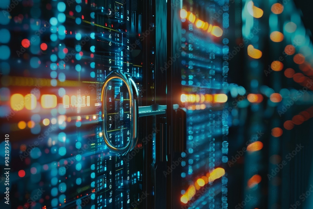 Poster a secure network being protected by a firewall ,a computer screen displaying a lock and key, symboli