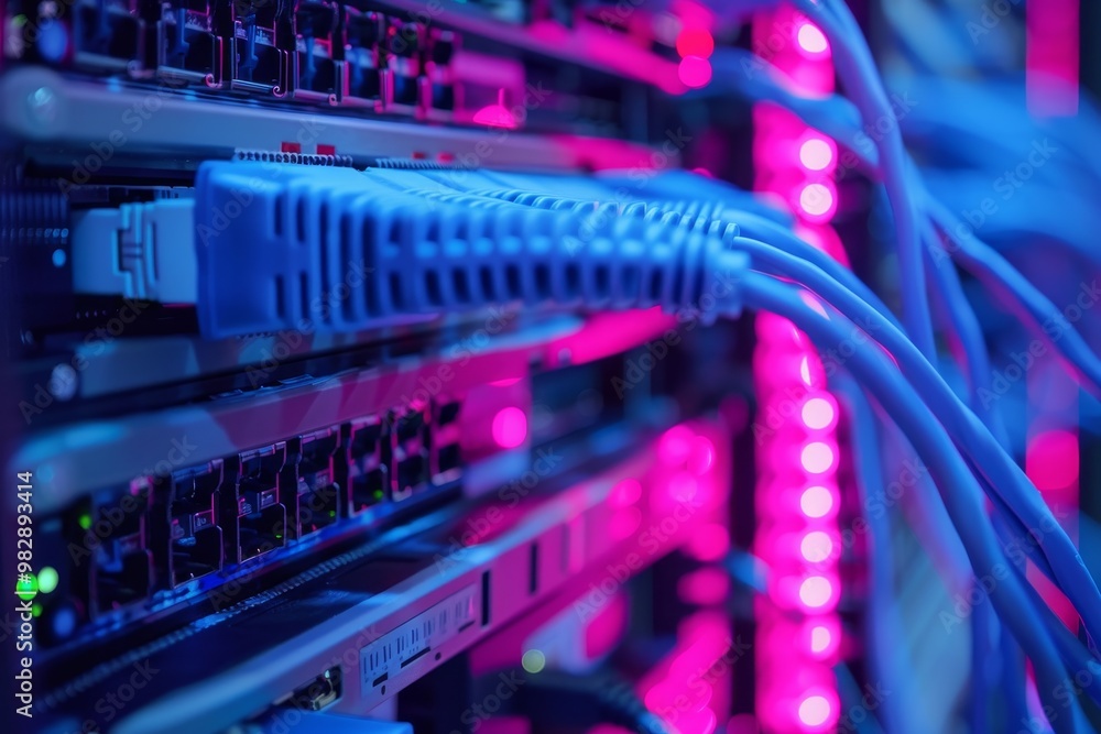 Poster a secure network being protected by a firewall ,close-up image of a network server with numerous cab