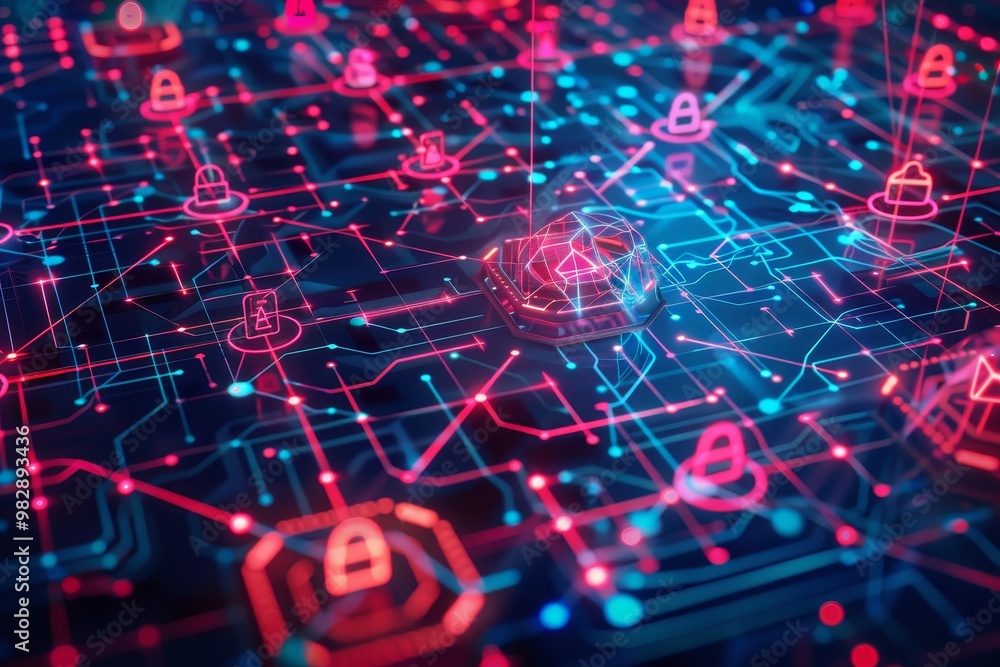 Poster a secure network being protected by a firewall,a computer monitor featuring a lock and key, represen