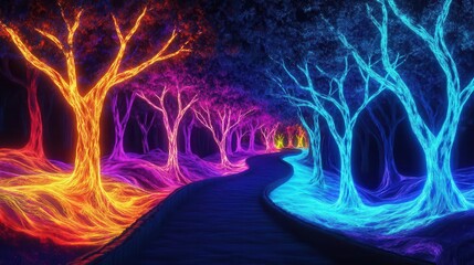 Bring to life a dreamlike forest with neon-glowing trees in vivid, surreal shades, evoking a journey through imagination