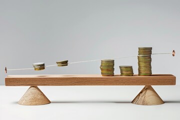 A seesaw with cost of living and wages to illustrate the effects of inflation ,A wooden boat adorned with piles of coins, representing prosperity and the journey of financial exploration.
