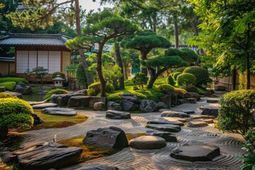A serene Japanese rock garden ,A beautiful Japanese garden adorned with rocks and diverse plants, illustrating a perfect blend of nature and design.