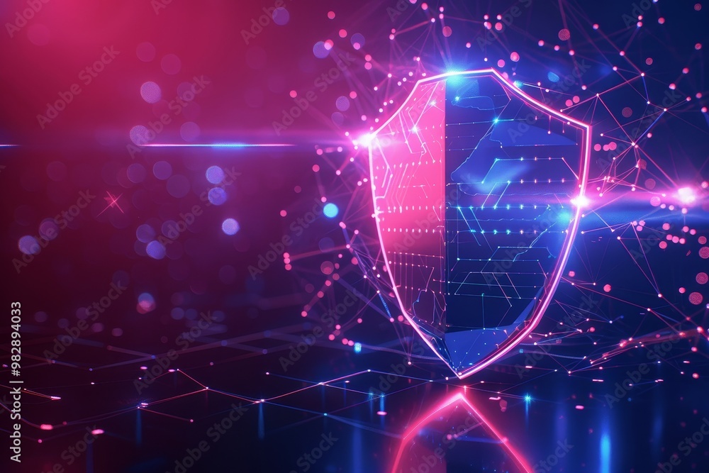 Poster a shield representing the security aspect of blockchain technology ,a shield featuring bright, glowi