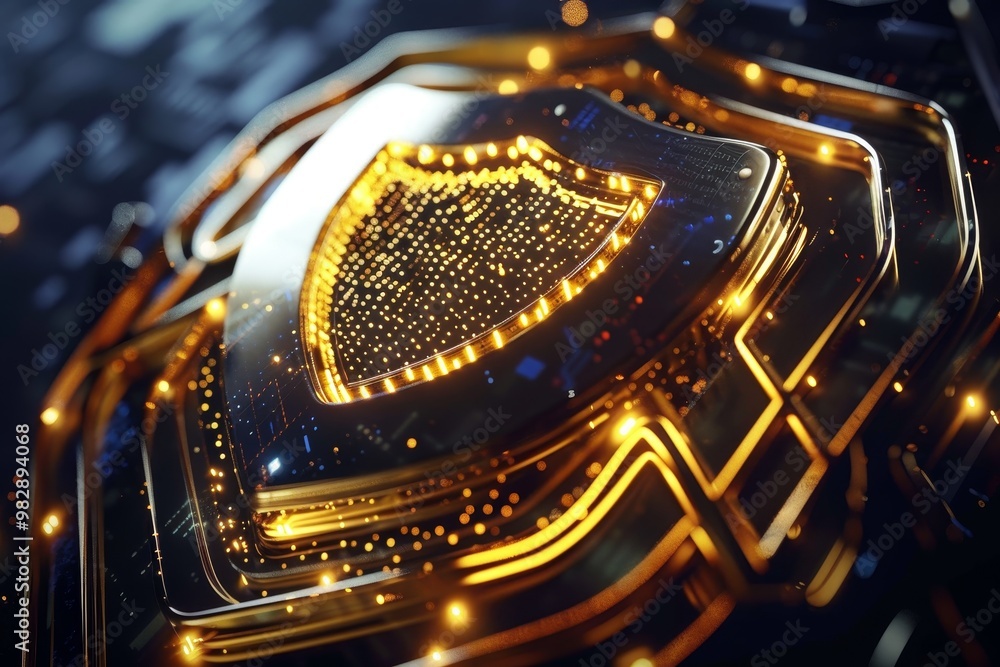 Poster a shield representing the security aspect of blockchain technology ,a shield adorned with luminous l