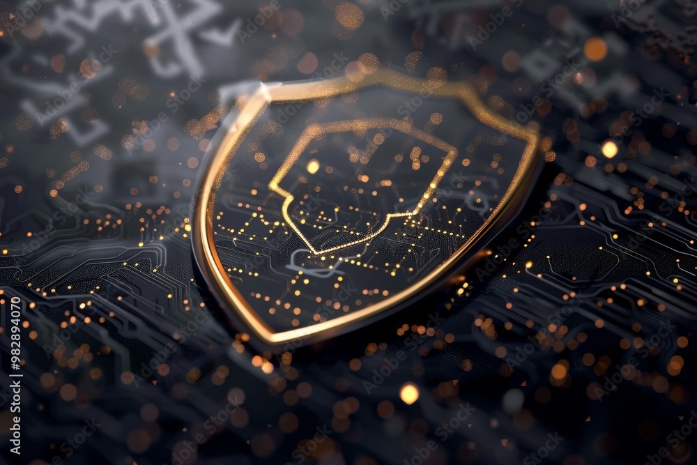 Poster a shield representing the security aspect of blockchain technology ,a shield illuminated by vibrant 