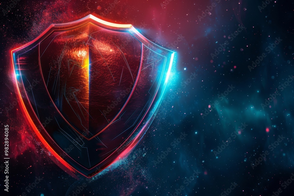 Poster a shield representing the security aspect of blockchain technology ,a shield embellished with glowin