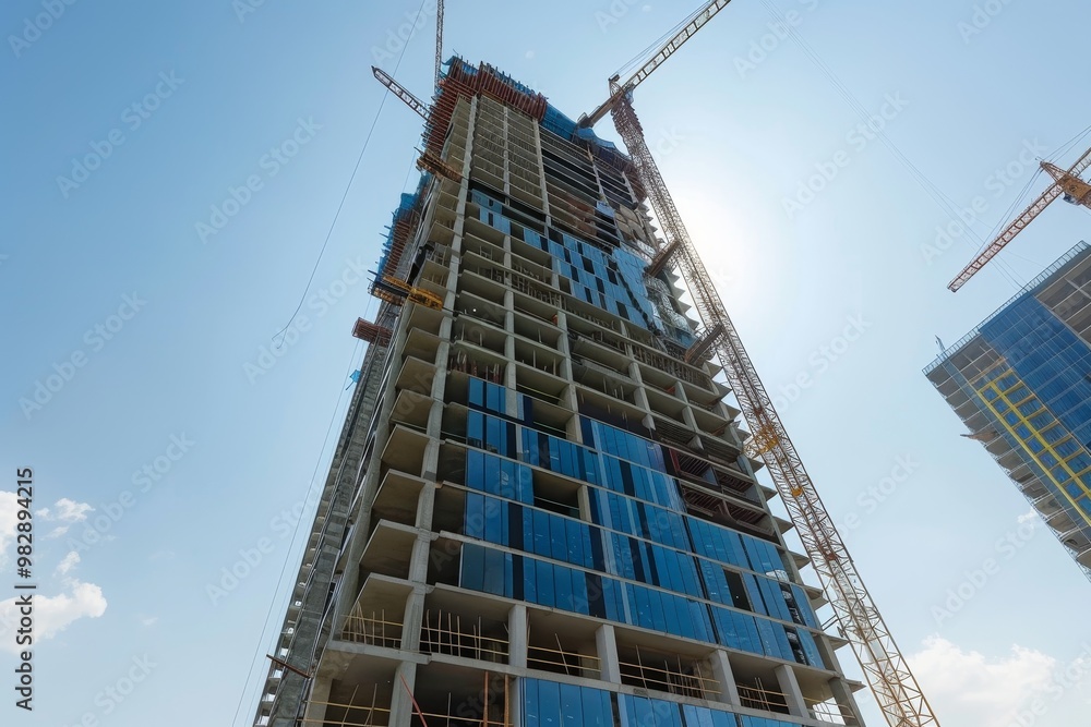 Poster a skyscraper being built with prefabricated components ,a tall building being constructed, surrounde