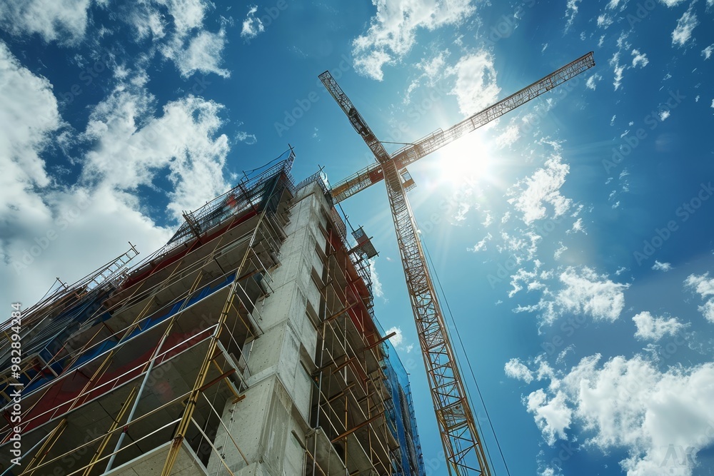Poster a skyscraper being built with prefabricated components ,a tall building under construction, with cra
