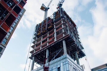 A skyscraper being built with prefabricated components ,A tall building under construction, featuring cranes actively working on the structure against a clear blue sky.