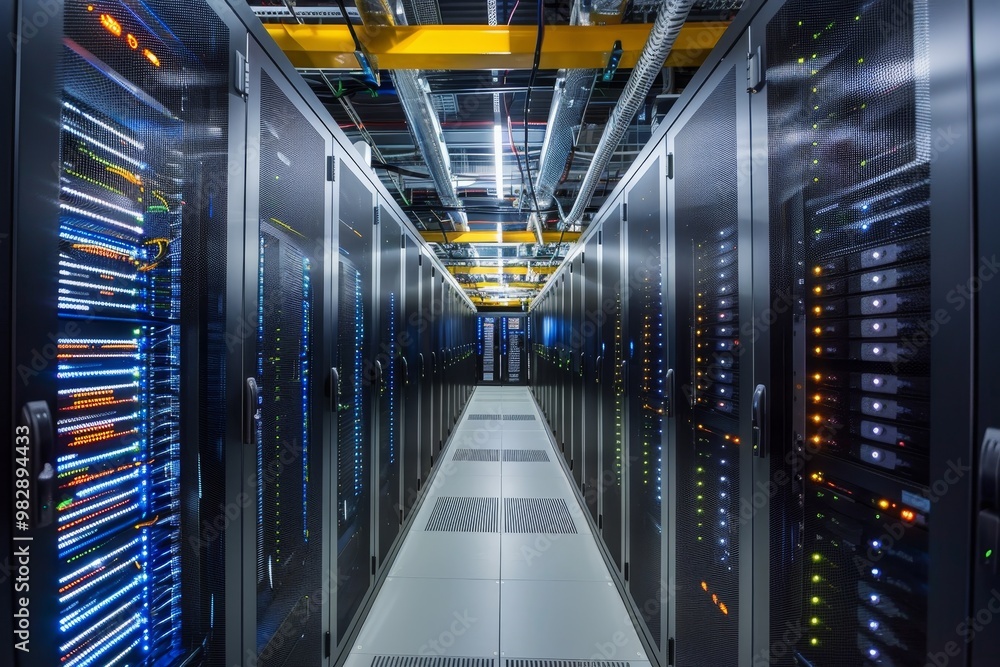Poster a sleek, modern data center with technicians at work ,a vast room lined with rows of servers, emphas
