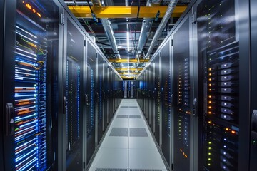A sleek, modern data center with technicians at work ,A vast room lined with rows of servers, emphasizing the scale and complexity of contemporary data management systems.