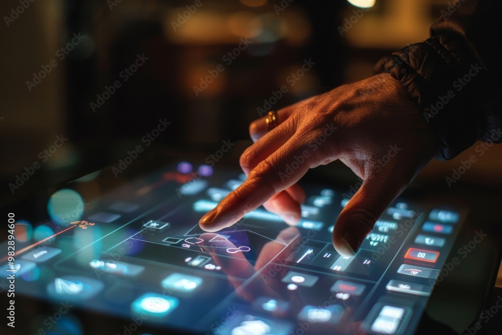 Poster a smart home system on a touch screen,an individual engaging with a touchscreen that features variou